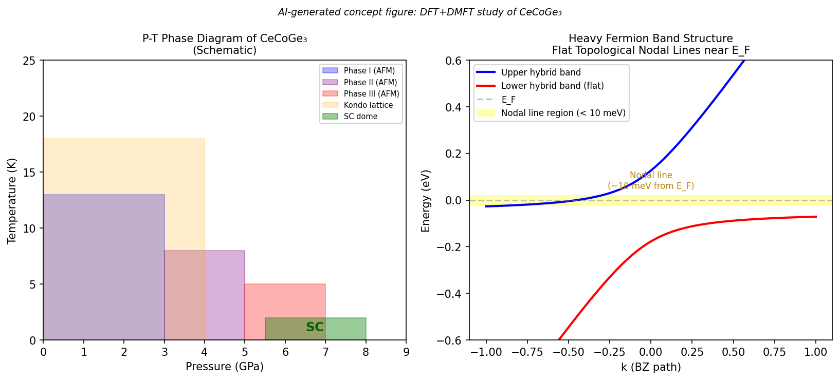 Fig. 1: CeCoGe₃ 相図と結晶・バンド構造の概念図