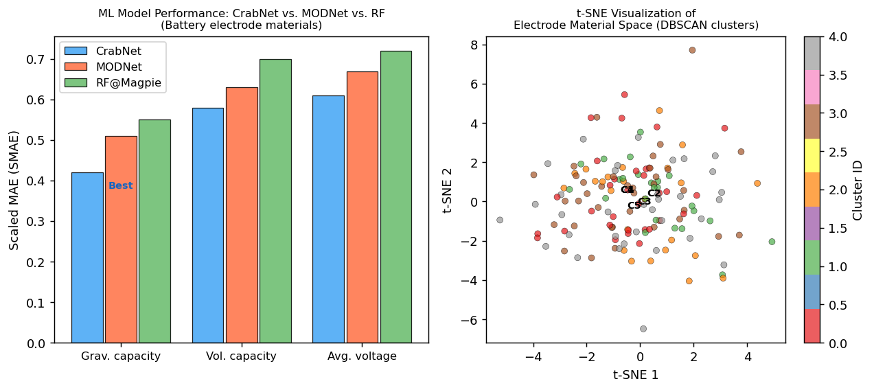 Fig.1 MLモデル性能比較と電極材料空間のt-SNE可視化
