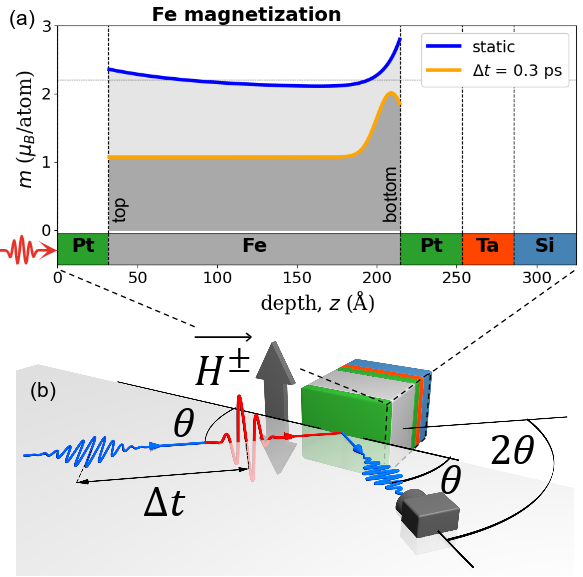 図1：tr-XRMR実験概念図と磁化深さプロファイル