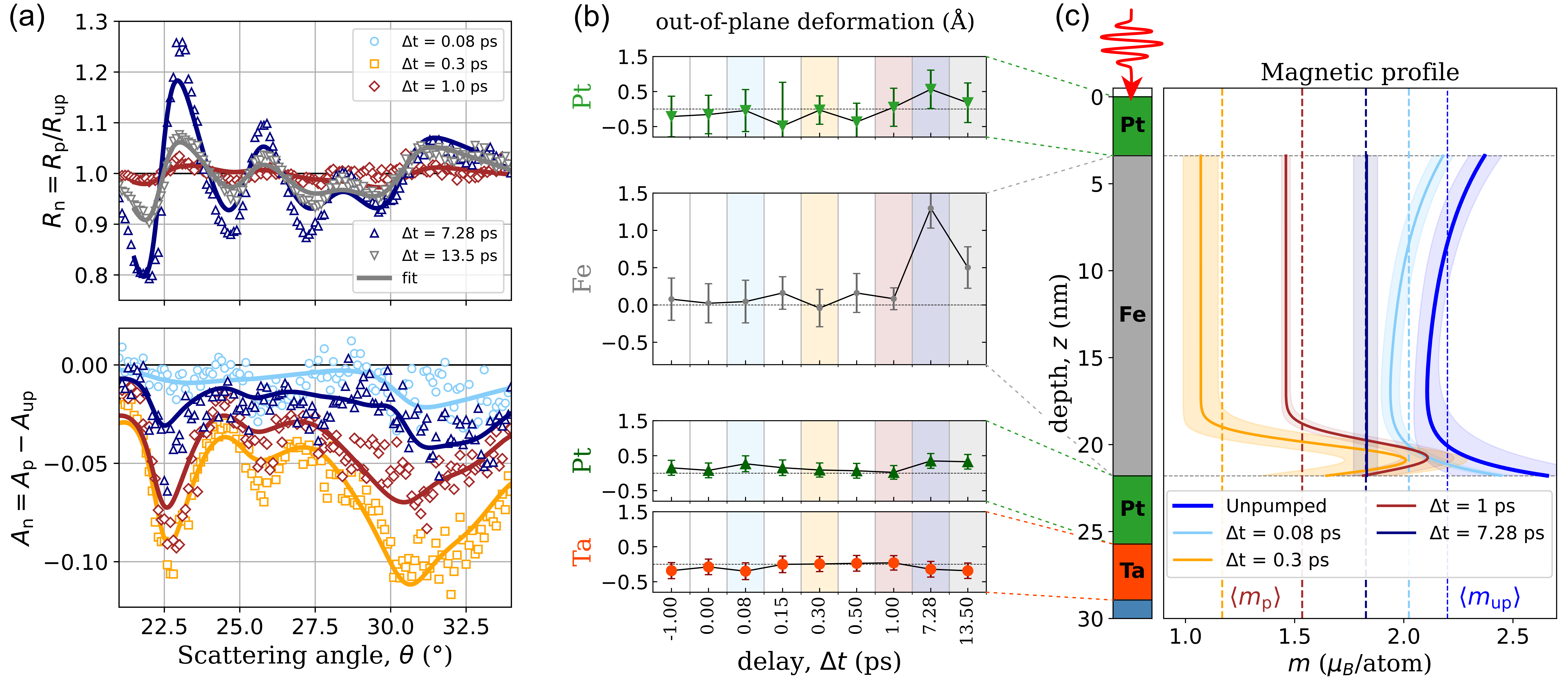 図2：反射率・磁化プロファイルのフィッティング結果と時間発展