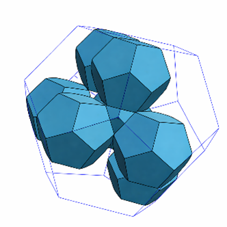 図：MMSタイルによる三次元空間充填の例。正十二面体状の空間に三個の多面体が三回対称で配置されている。© Al Raisi et al. (arXiv:2604.03988), CC BY-NC-ND 4.0.