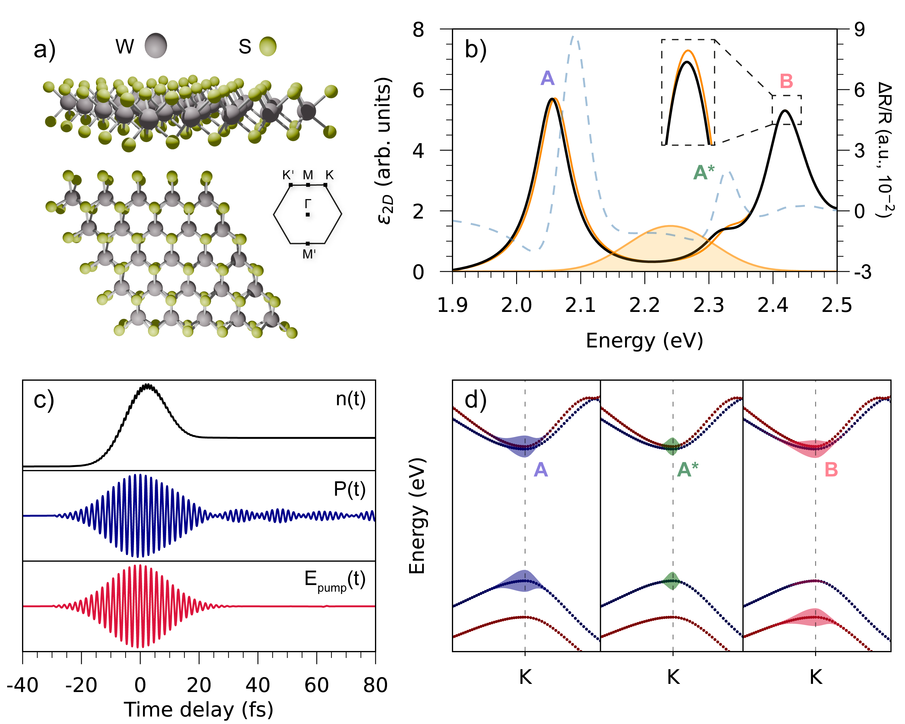 図1：WS₂の励起子バンド構造とポンプ-プローブシミュレーション