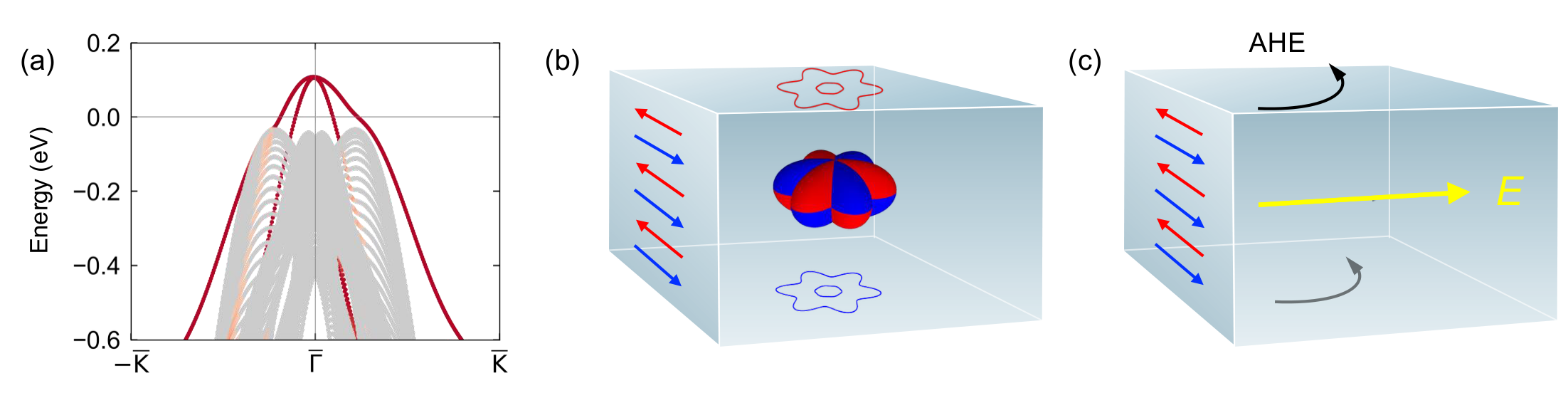 MnTeアルター磁性薄膜のバンド構造と異常ホール効果。（a）スピン分裂したバンド構造のフィルム厚さ依存性。（b）表面スピン密度の模式図。（c）異常ホール効果（AHE）の発生機構。出典：Zhao et al., arXiv:2603.12259 (CC BY 4.0)