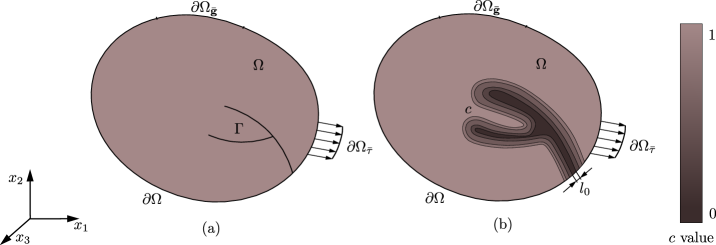図1：き裂と損傷場のフェーズフィールド近似の模式図