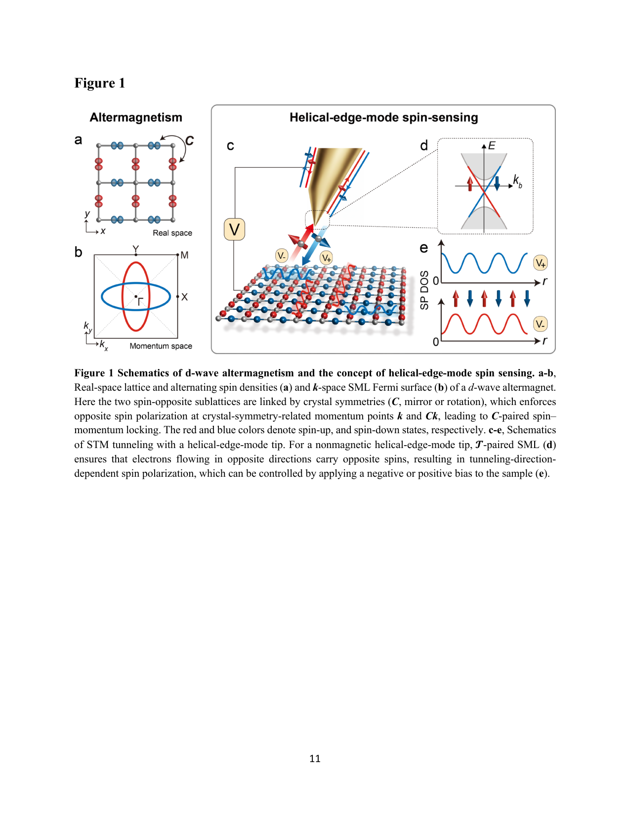 d波アルター磁性の概念とSTMスピンセンシング。（a,b）d波アルター磁性の実空間格子と運動量空間フェルミ面の模式図。同じ結晶対称性で結ばれた点が逆スピンを持つ。（c〜e）螺旋エッジモードを利用したSTMスピンセンシングの概念。出典：Wang et al., arXiv:2512.23290 (CC BY 4.0)