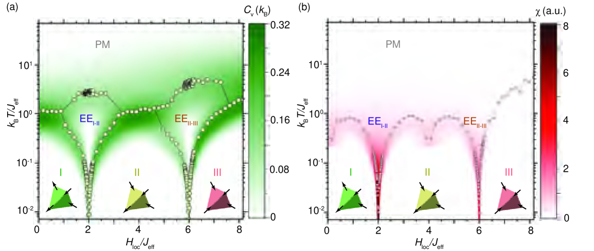 図5：パイロクロア磁性体 R₂Ir₂O₇ の相図（横軸：d-f 交換相互作用強度 H_loc/J_eff）。Phase I（スピンアイス：2-in-2-out）、Phase II（3-in-1-out/1-in-3-out）、Phase III（AIAO反強磁性）の3つの基底状態相と、それらの相境界付近に現れる「エンハンスド・エントロピー（EE）相」を示す。縦軸は温度。