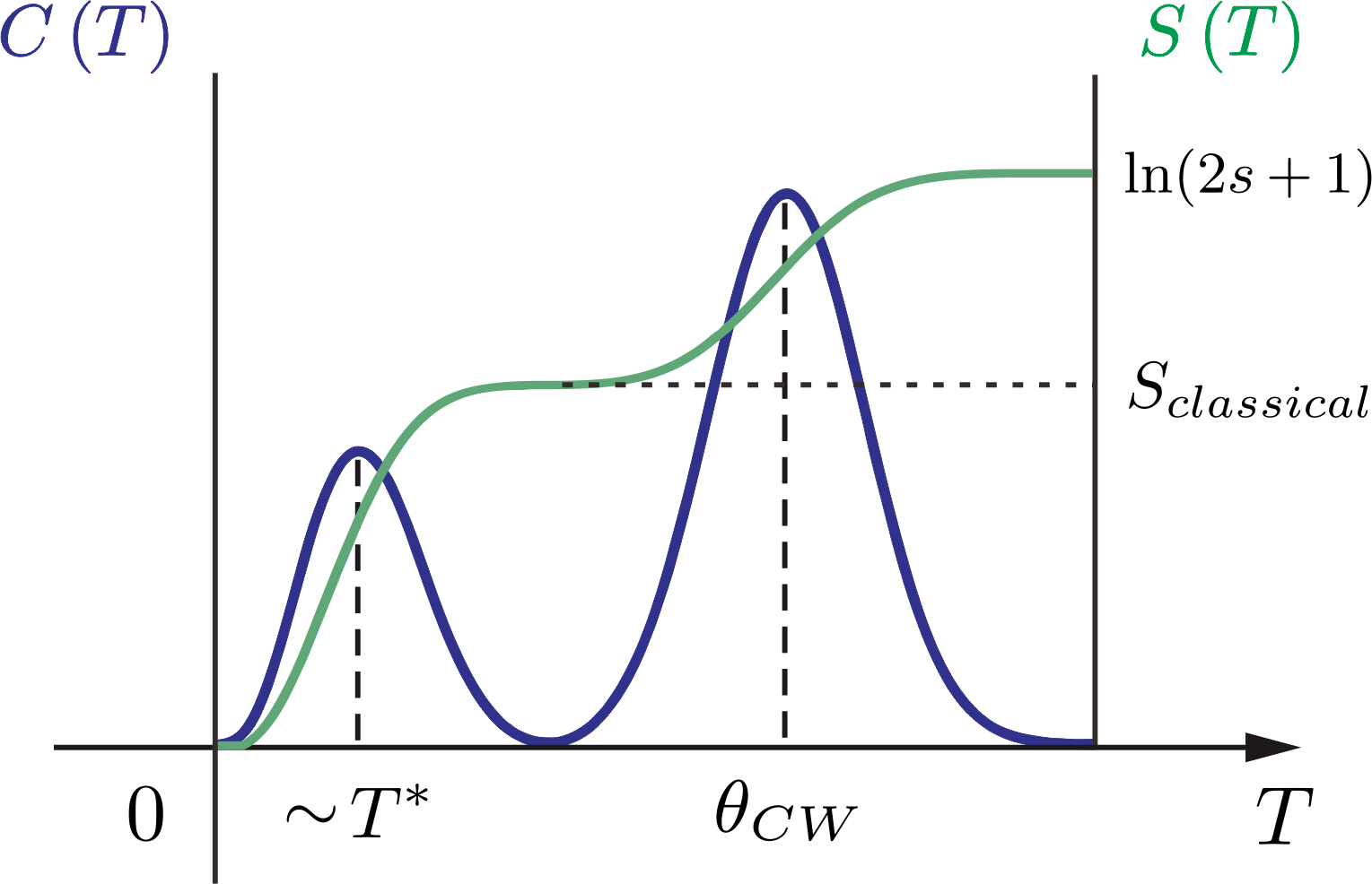 図4：フラストレート磁性体における熱容量（上段）とエントロピー（下段）の温度依存性。高温ピーク（フラストレーション由来）と低温ピーク（特性エネルギースケール T* 由来）が分離して見える典型的な構造を示す。エントロピーの収束が T→0 でどの値に落ち着くかで零点エントロピーが評価できる。