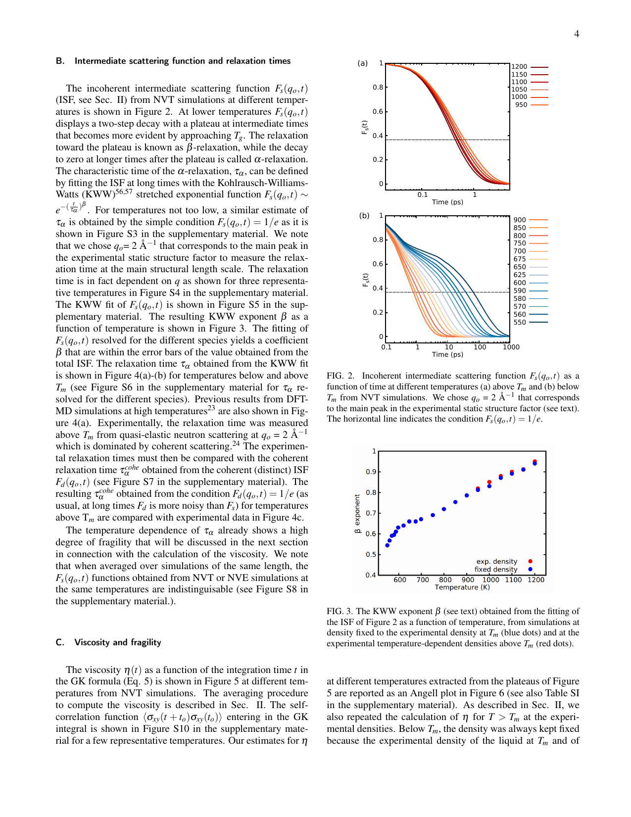 超冷却液体 Ge₂Sb₂Te₅ における非干渉散乱関数  の温度依存性（上）とKWW 伸長指数  の温度依存性（下）。低温ほど長い緩和時間を持ち、 のストレッチ指数的な緩和が観測される。 （融点）以下で Stokes-Einstein 関係の顕著な破綻が生じる。(© Marcorini et al., arXiv:2506.13668, CC BY 4.0)