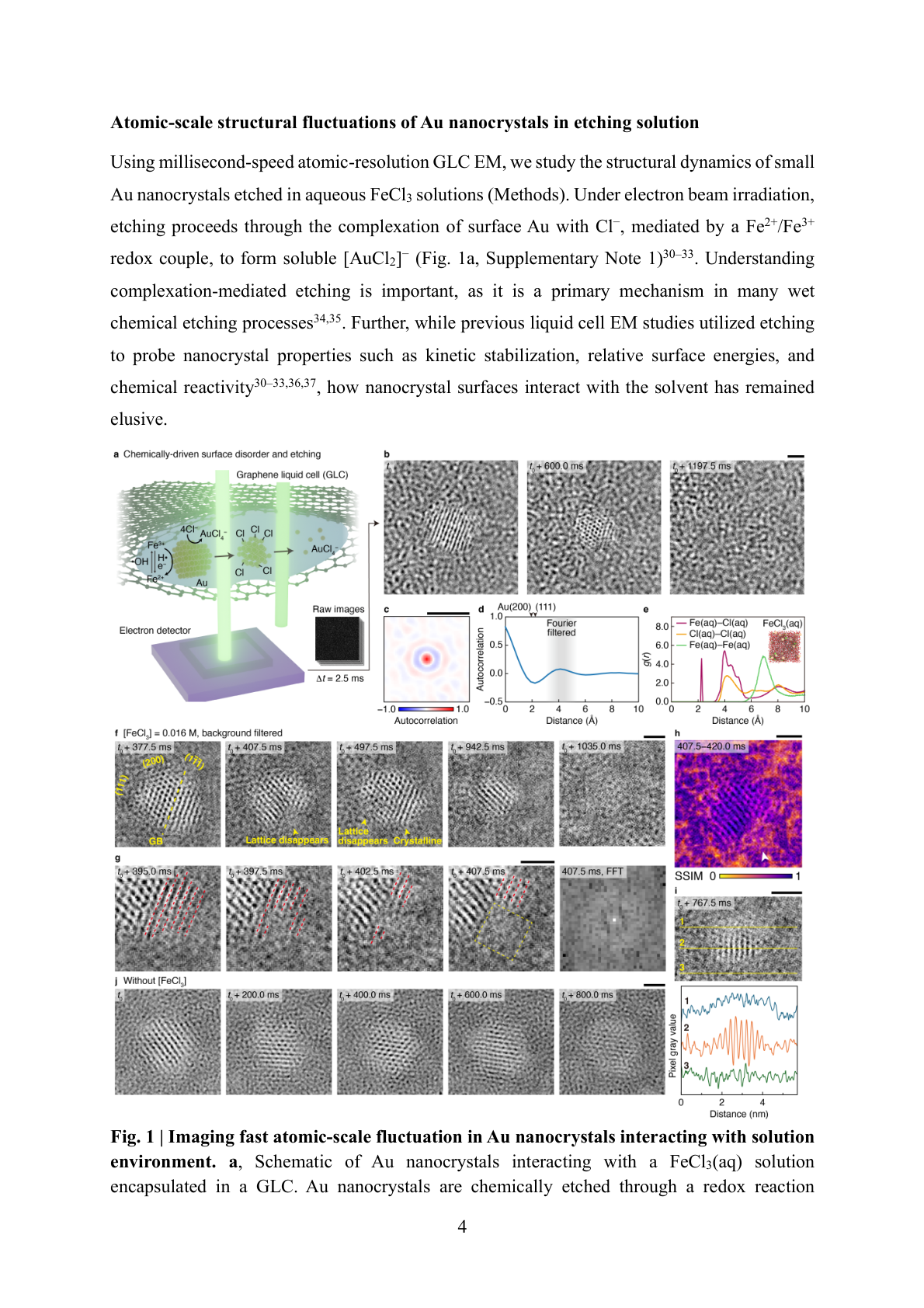 Fig. 1: 液中TEMの概要とAuナノ結晶の原子スケール観察